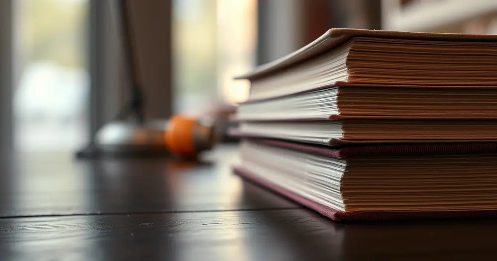Livros de direito empilhados ao lado de documentos sobre mesa de escritório de advocacia