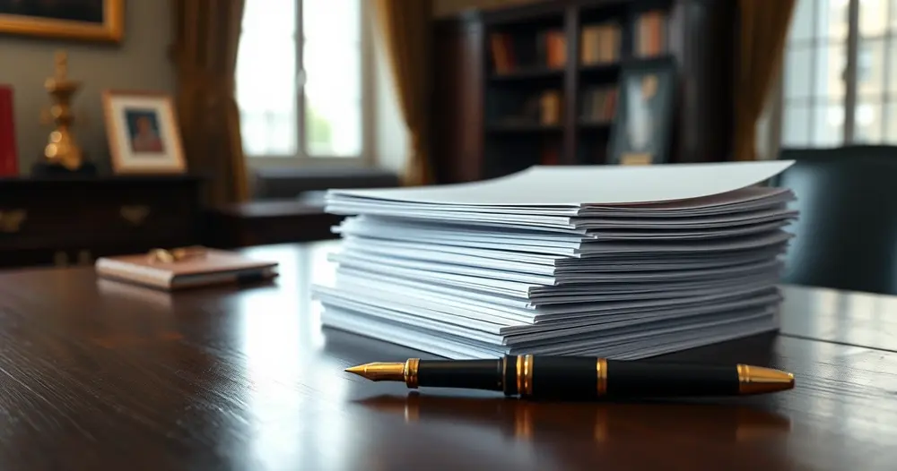 Documentos organizados e caneta sobre mesa de atendimento em cartório de notas