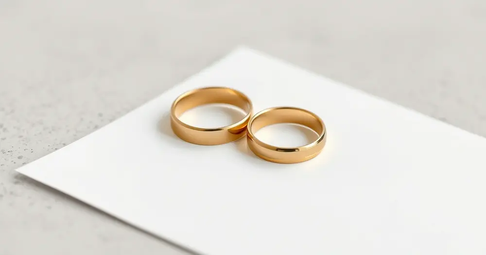 Duas alianças de casamento apoiadas ao lado de documentos sobre uma mesa clara