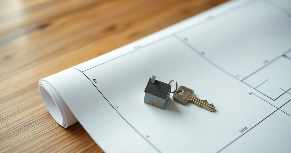 Chave de imóvel e planta residencial impressa sobre uma mesa de madeira